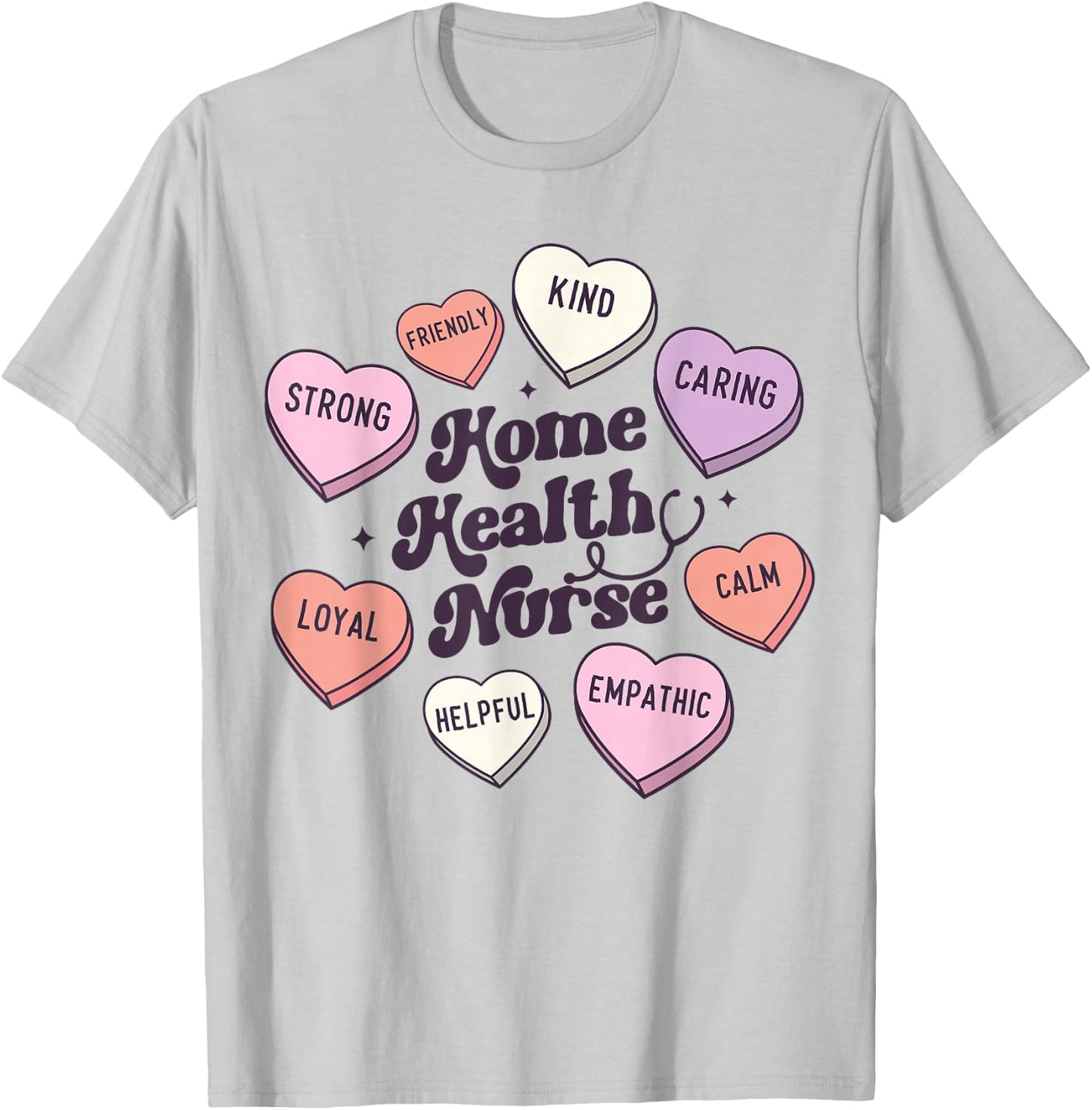 Home Health Nurse Groovy Medical Valentines Day Retro Hearts T-Shirt - T-Shirt | Ash