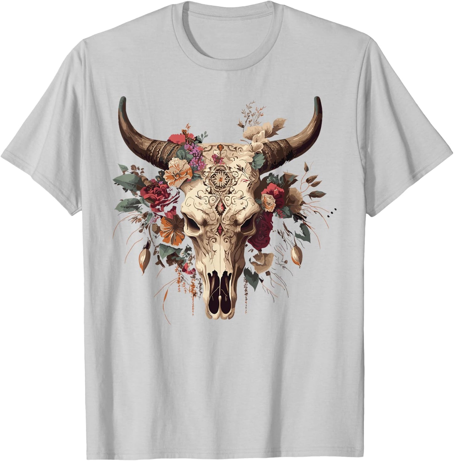 Highland Western Boho Cow Bull Skull Sunflower Cattle Animal T-Shirt - T-Shirt | Ash