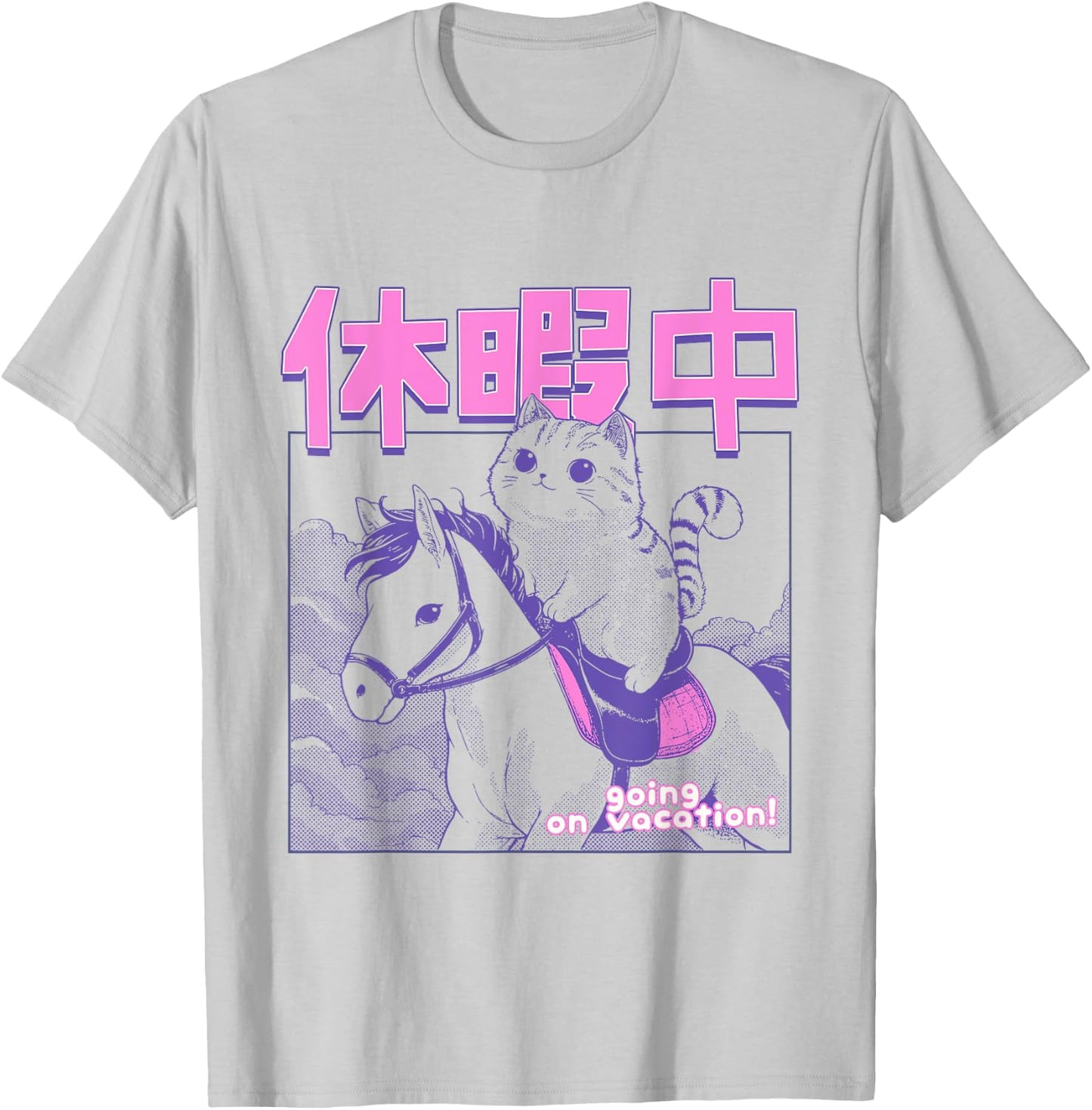 Kawaii Japanese Cat Riding Horse Vacation Anime Cat Lover Men Women Girls Kids T-Shirt - T-Shirt | Ash