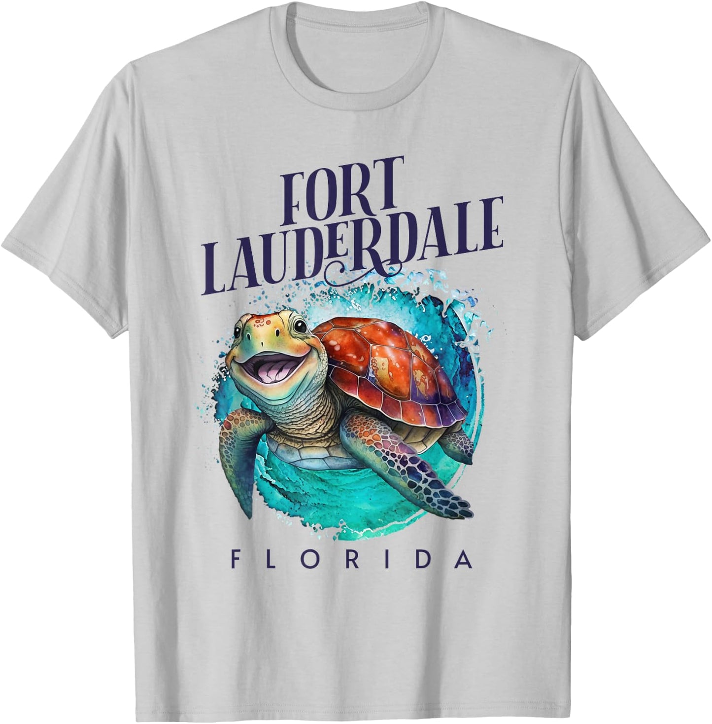 Fort Lauderdale Florida Watercolor Happy Sea Turtle T-Shirt - T-Shirt | Ash