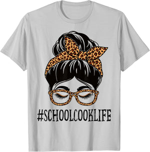 School Cook Leopard Messy Bun Appreciation Back To School T-Shirt - T-Shirt | Ash
