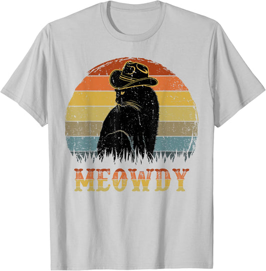 Meowdy Cowboy Meow Black Cat-Shirt Funny Mom Dad Women Men T-Shirt - T-Shirt | Ash