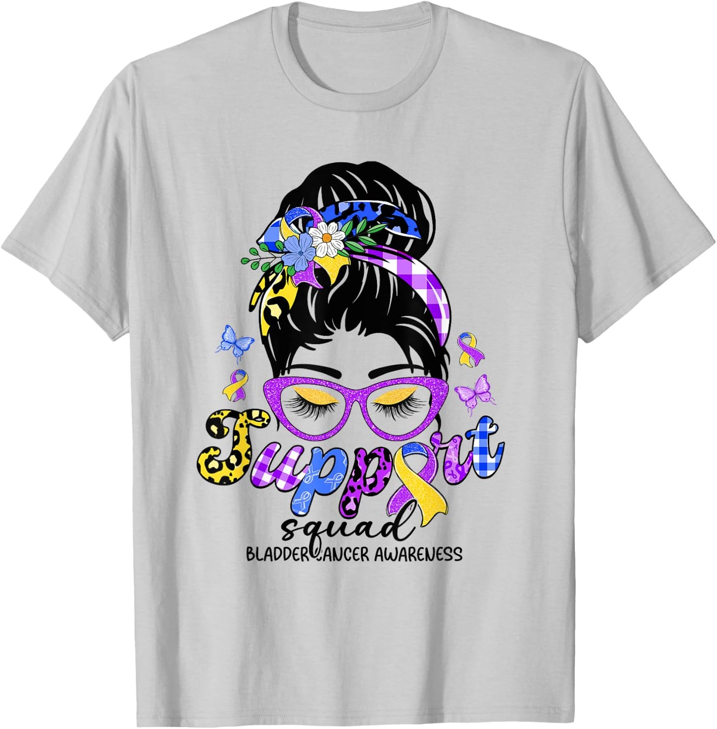 Support Squad Messy Bun Leopard Bladder Cancer Awareness T-Shirt - T-Shirt | Ash
