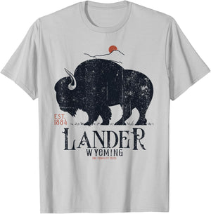 Vintage Lander Wyoming Mountains Bison Western T-Shirt - T-Shirt | Ash