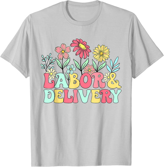Retro Wildflowers Labor & Delivery Nurse Shirt, L&D Gift T-Shirt - T-Shirt | Ash
