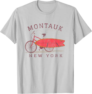 Retro Montauk New York NY Surfing Fan Surfboard Bicycle Art T-Shirt - T-Shirt | Ash