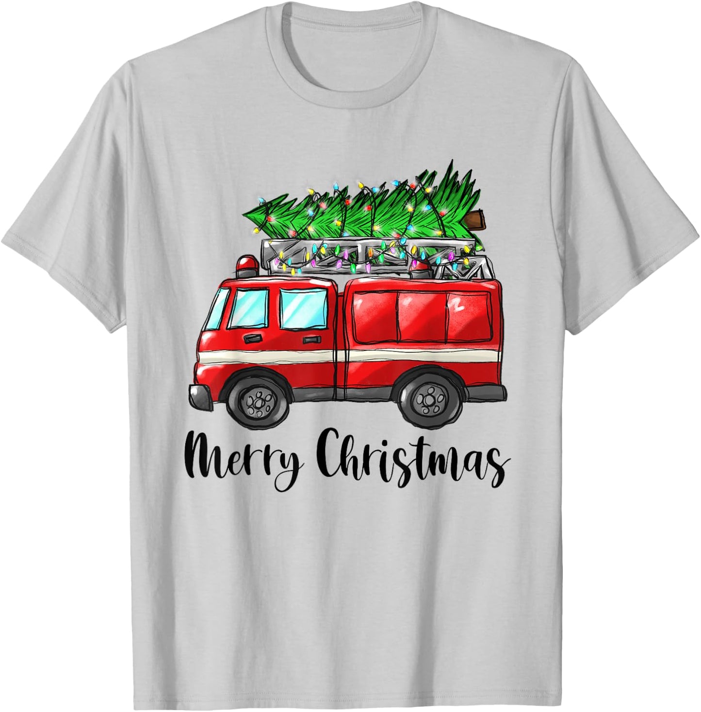 Fire Truck Christmas Tree Light Firefighter Pajama Xmas T-Shirt - T-Shirt | Ash