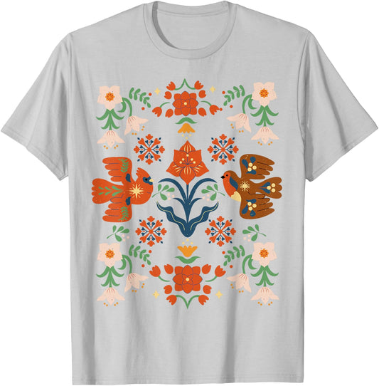 Cottage Core Nordic Winter Bird Pinecone and Nature T-Shirt - T-Shirt | Ash