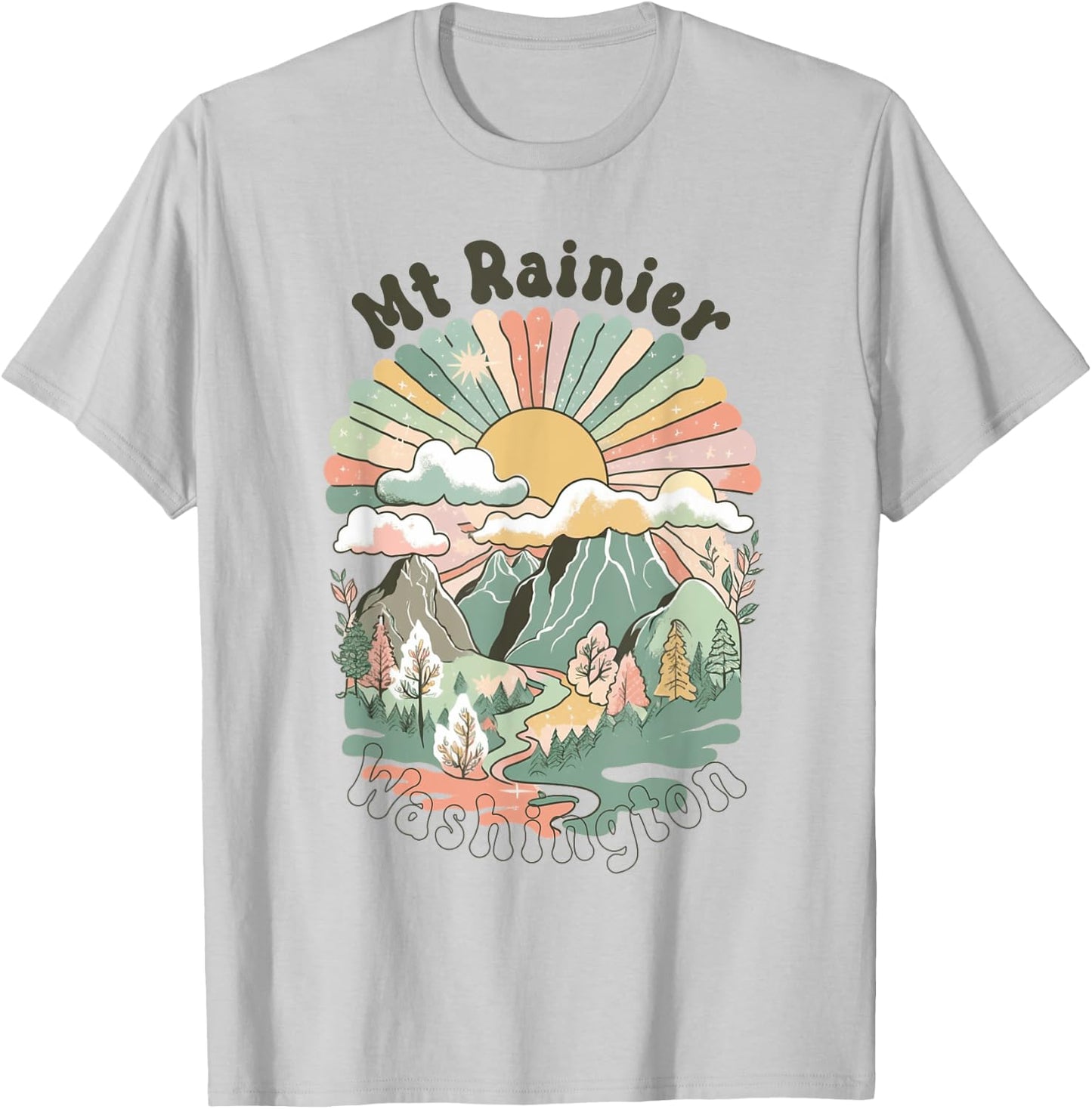 Vintage Mt Rainier Washington Mountains Hiking Sunset Groovy T-Shirt - T-Shirt | Ash