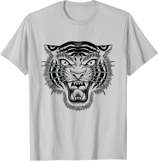Tiger Head Traditional Tattoo art Graphic by Seven Relics T-Shirt - T-Shirt | Ash