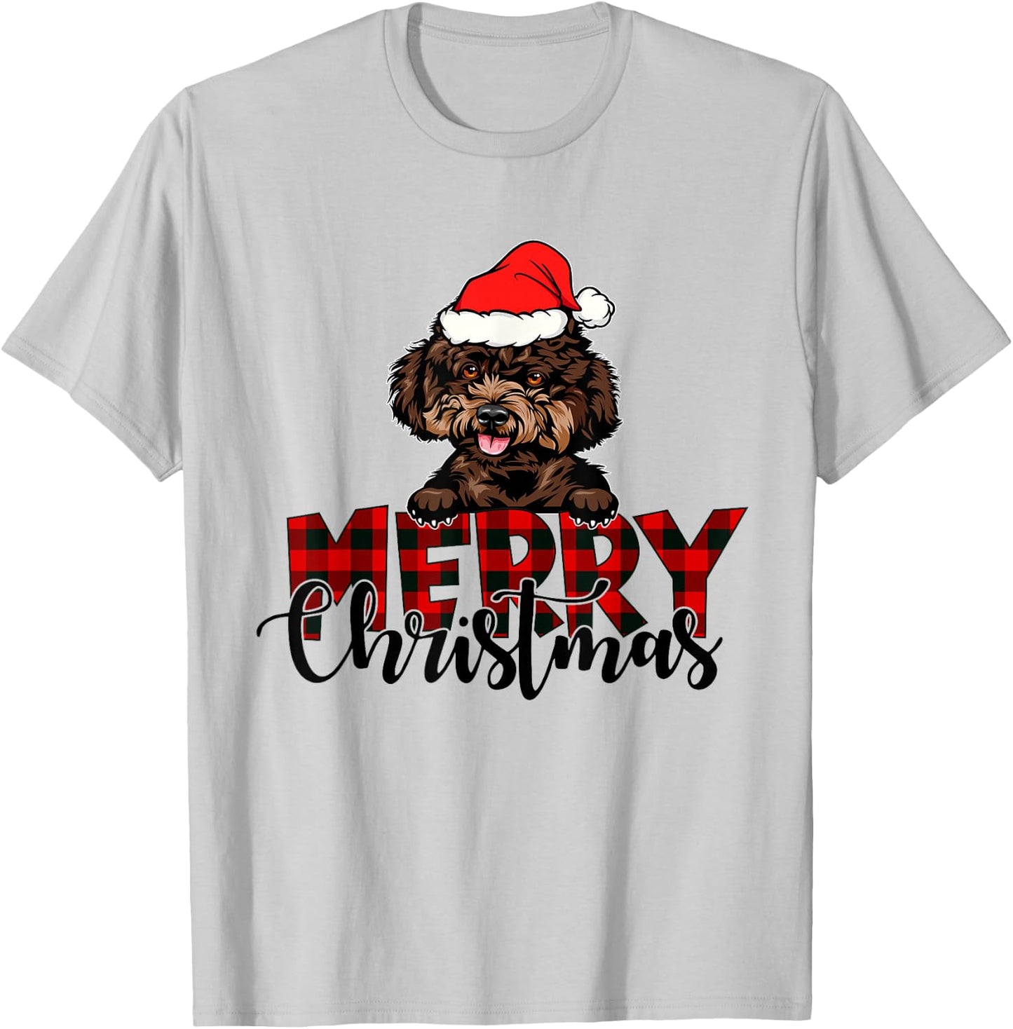 Merry Christmas Poodle Dog Christmas Red Plaid Santa Hat T-Shirt - T-Shirt | Ash
