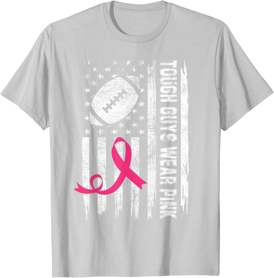 Tough Guys Wear Pink Breast Cancer Football American Flag Kids Men T-Shirt - T-Shirt | Ash