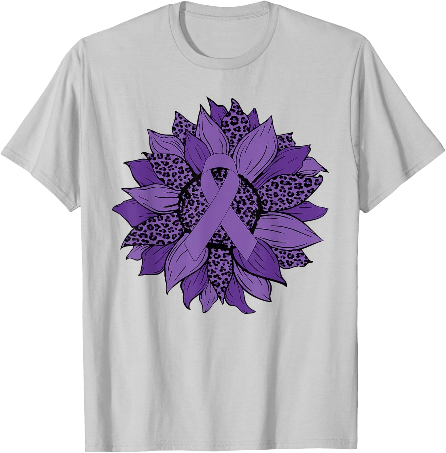 Leopard Sunflower Purple Ribbon Fibromyalgia Awareness Month T-Shirt - T-Shirt | Ash
