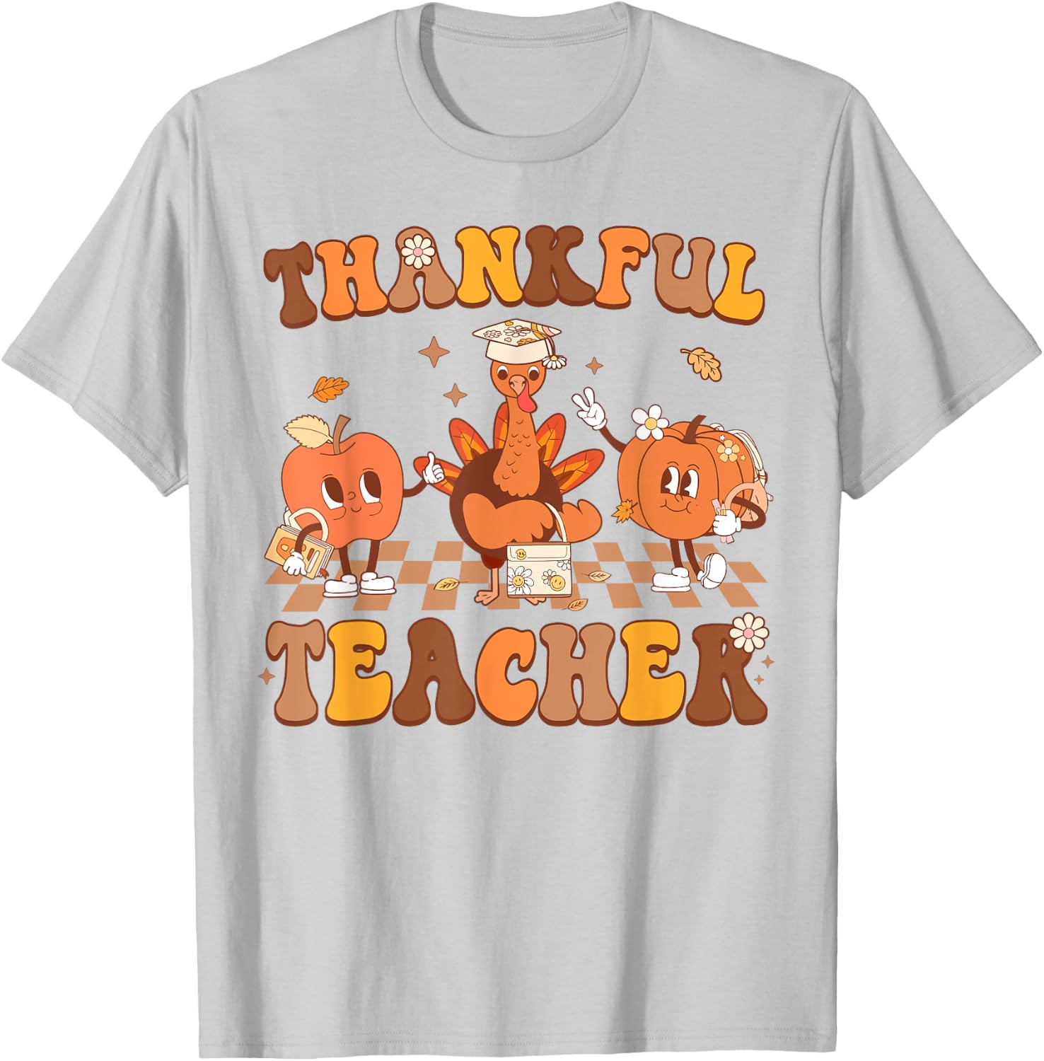 Thankful Teacher Retro Groovy Thanksgiving Fall Women Men T-Shirt - T-Shirt | Ash