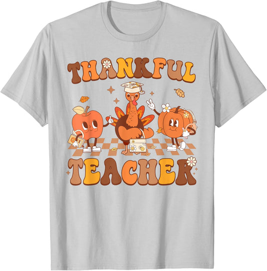 Thankful Teacher Retro Groovy Thanksgiving Fall Women Men T-Shirt - T-Shirt | Ash