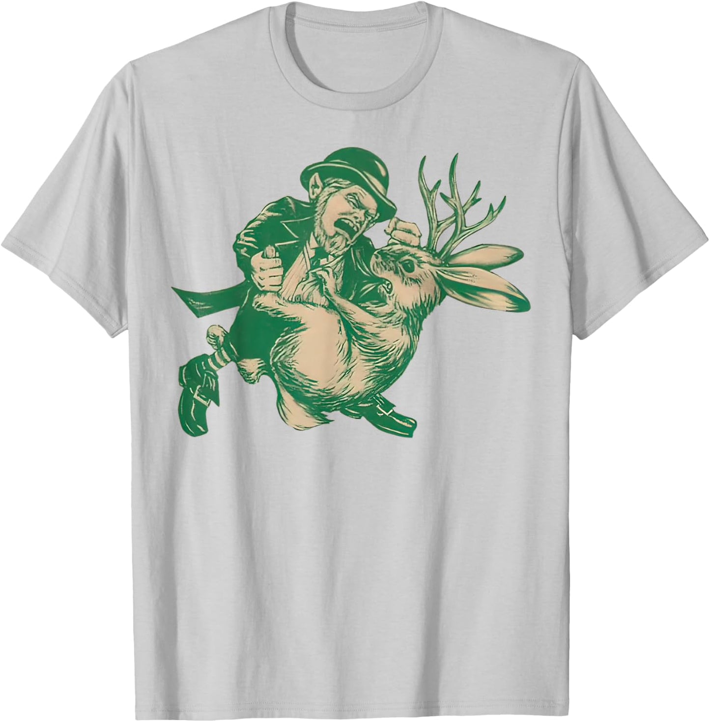 LEPRECHAUN Fighting JACKALOPE Funny Mythological Beasts T-Shirt - T-Shirt | Ash