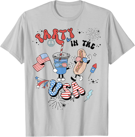 Retro Party In The USA Flag Groovy 4th Of July Patriotic T-Shirt - T-Shirt | Ash