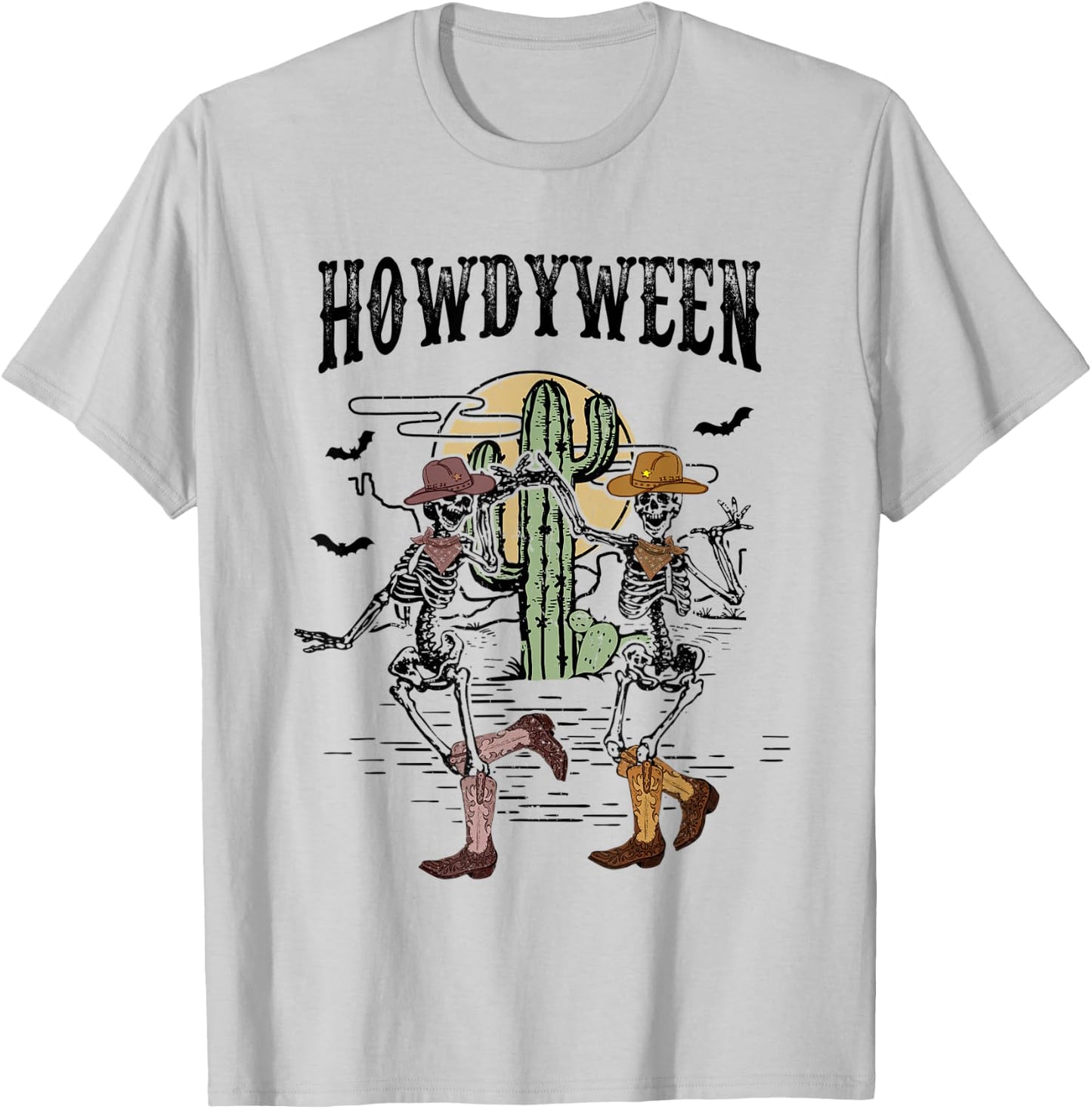 Howdy Retro Desert Dancing Skeleton Cowboy Boots Hat Western T-Shirt - T-Shirt | Ash