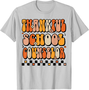 Thankful School Counselor Groovy Thanksgiving Counselor T-Shirt - T-Shirt | Ash