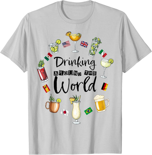 Drinking Around The World Vacation Drinking Showcase Funny T-Shirt - T-Shirt | Ash