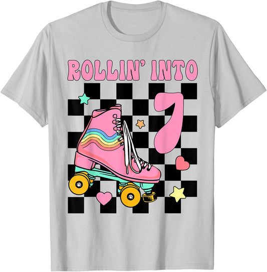 Rolling Into 7 Years Old Roller Skating Girl 7th Birthday T-Shirt - T-Shirt | Ash