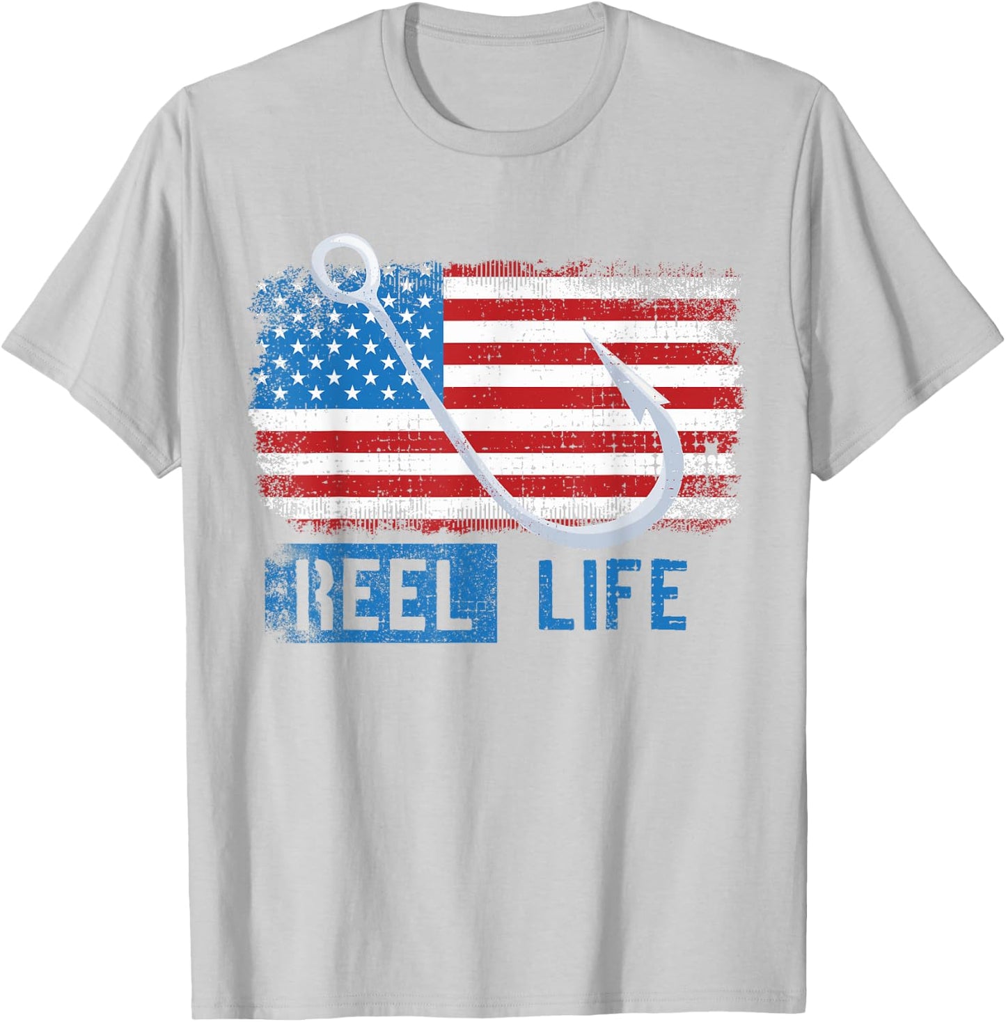 Grunge American Flag Fisherman Graphic, Fishing Reel Life T-Shirt - T-Shirt | Ash