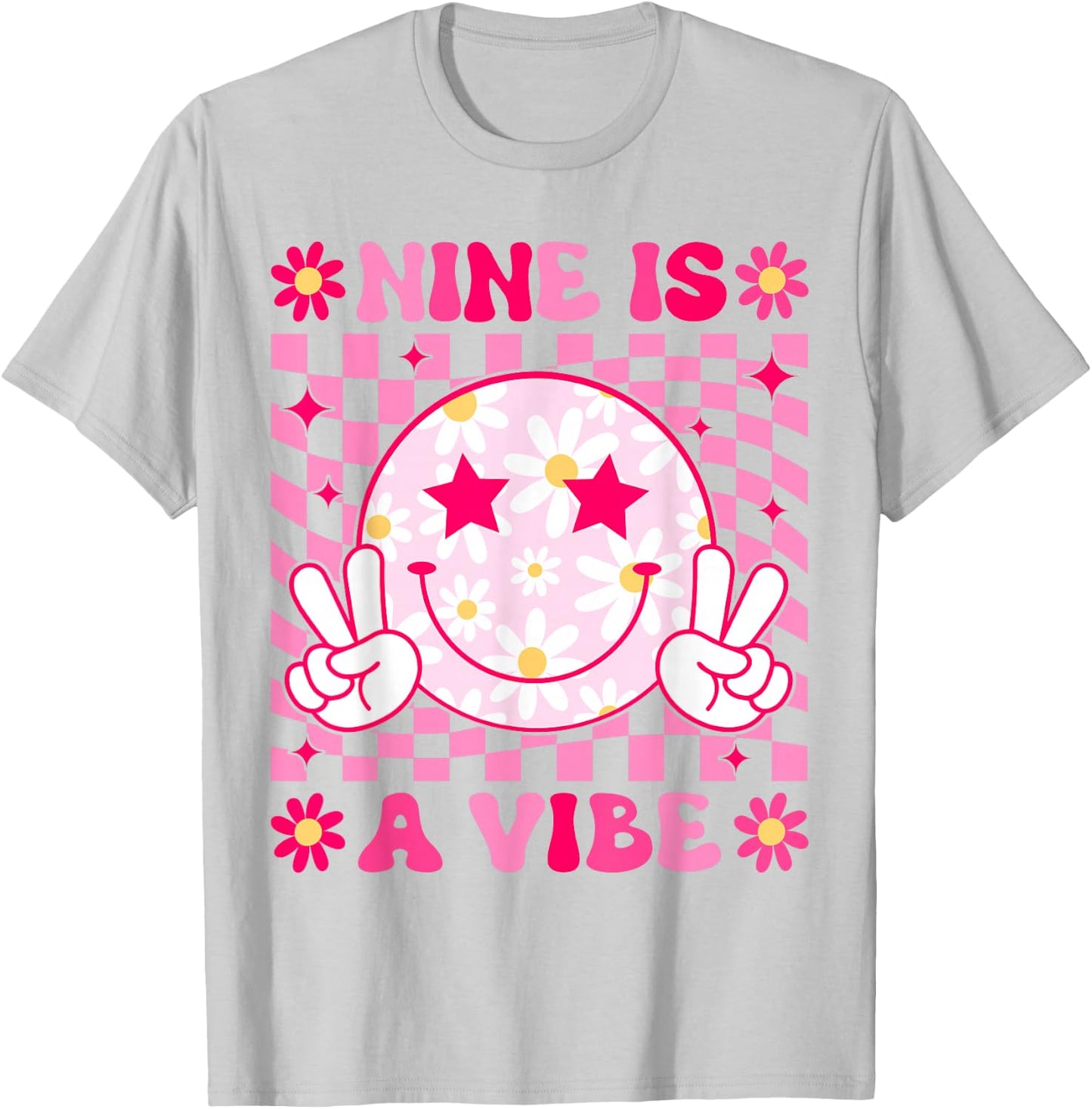 Nine is A Vibe Birthday Groovy 9 Year Old Girls 9th Birthday T-Shirt - T-Shirt | Ash