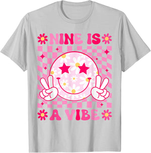 Nine is A Vibe Birthday Groovy 9 Year Old Girls 9th Birthday T-Shirt - T-Shirt | Ash
