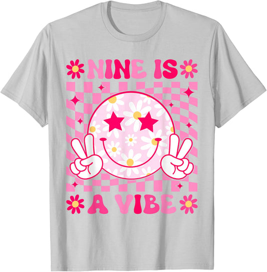 Nine is A Vibe Birthday Groovy 9 Year Old Girls 9th Birthday T-Shirt - T-Shirt | Ash