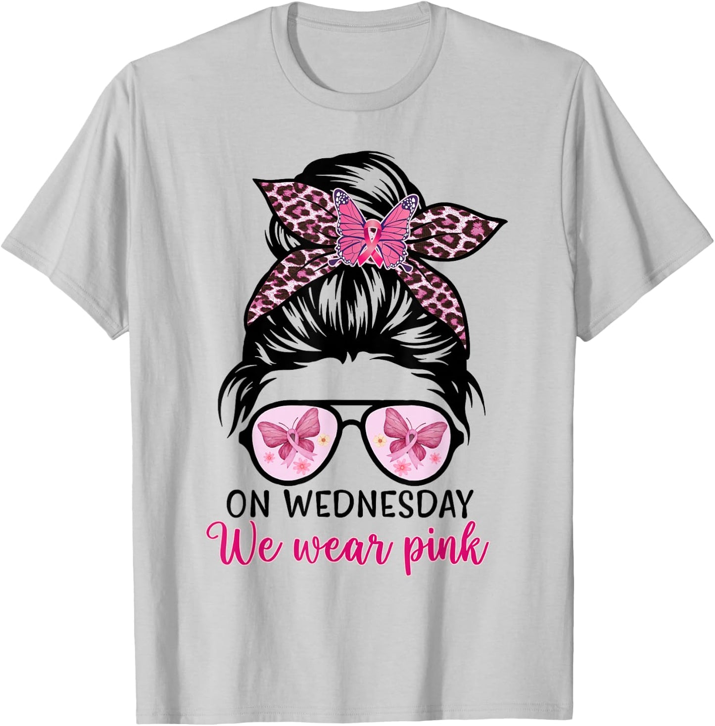 On Wednesday We Wear Pink Messy Bun, Leopard Breast Cancer T-Shirt - T-Shirt | Ash