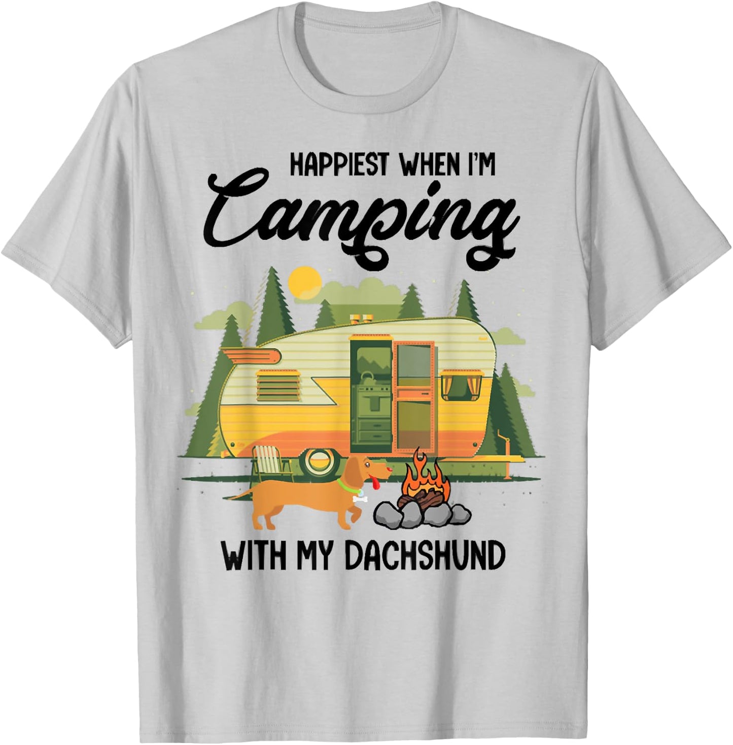 Happiest When I Camping With My Dachshund, Dog Pet Lover T-Shirt - T-Shirt | Ash