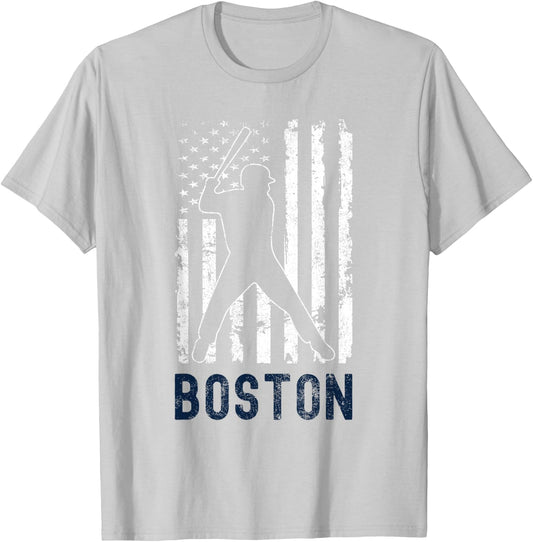 Boston Massachusetts American Flag Baseball Weathered T-Shirt - T-Shirt | Ash