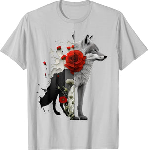 Wolf Rose Flower Animal Motif Art Animal Print Art T-Shirt - T-Shirt | Ash