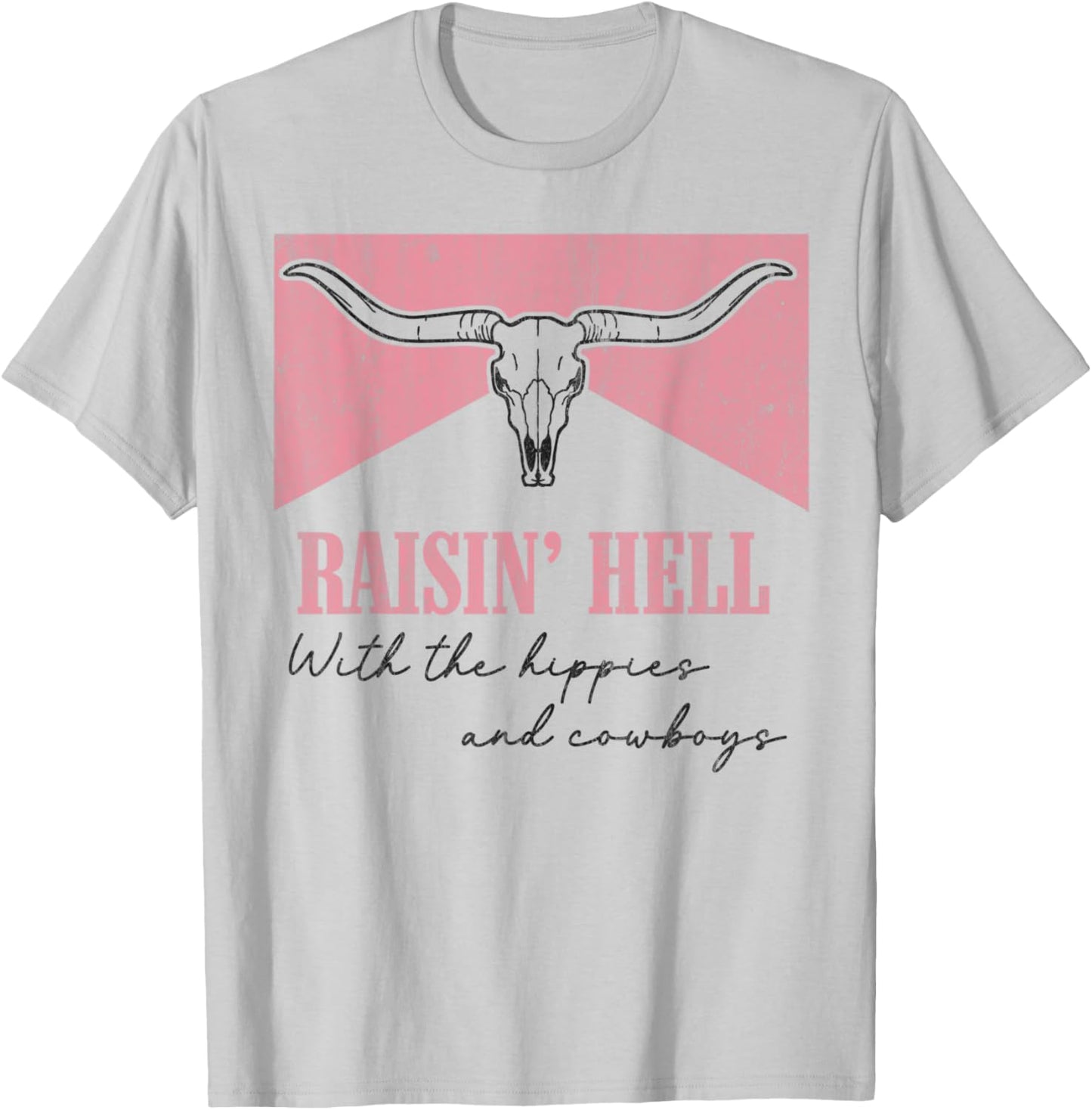 Vintage Raisin' Hell With The Hippies And Cowboys Bull Skull T-Shirt - T-Shirt | Ash
