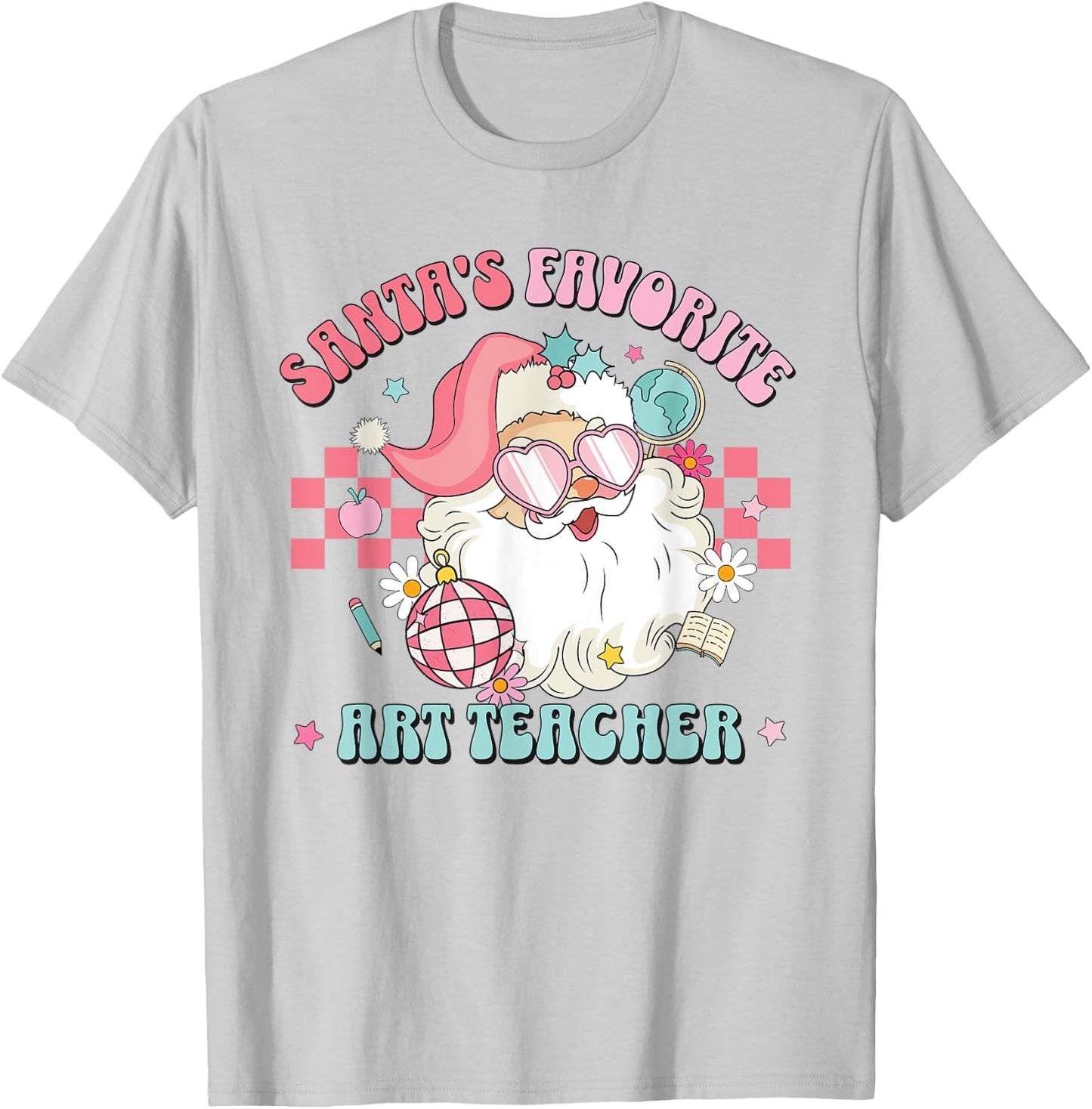 Retro Pink Christmas Santa's Favorite Art Teacher Artist T-Shirt - T-Shirt | Ash