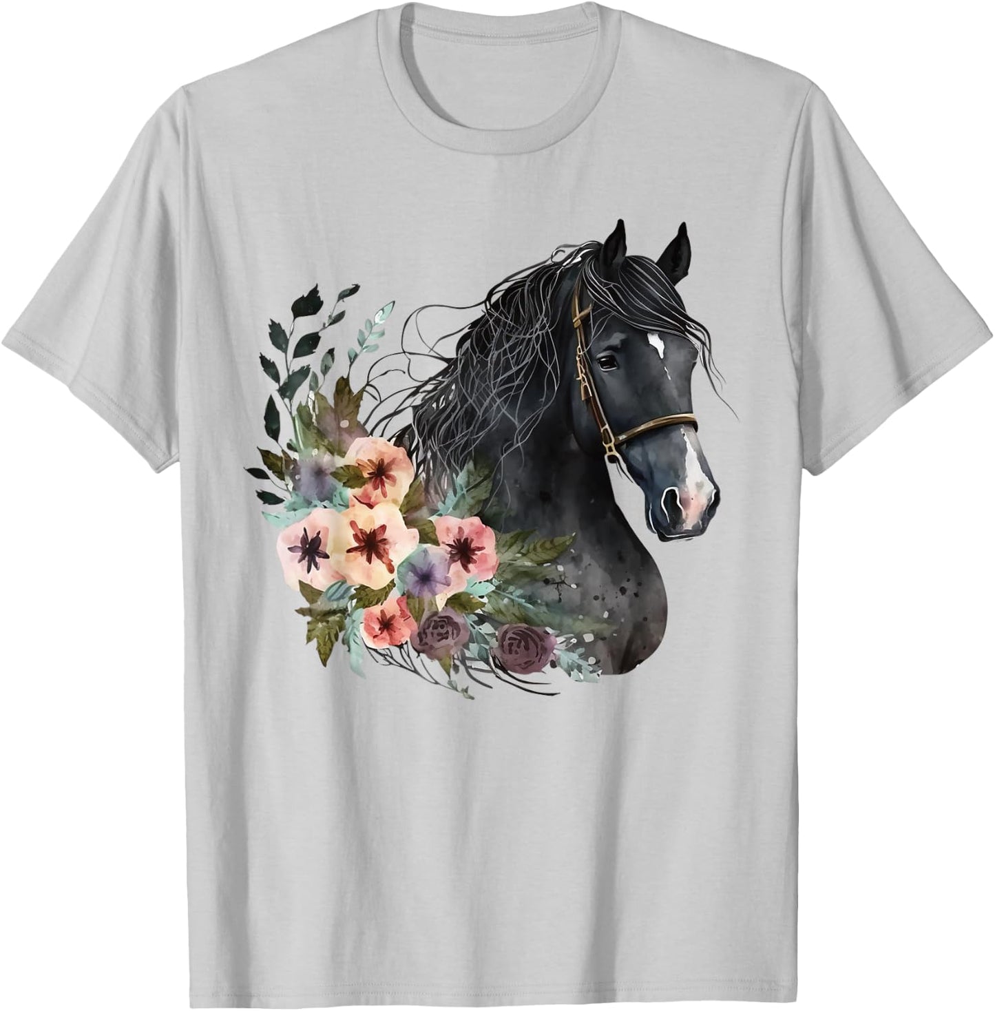 Horse Head Watercolor Equestrian Horse With Flowers T-Shirt - T-Shirt | Ash