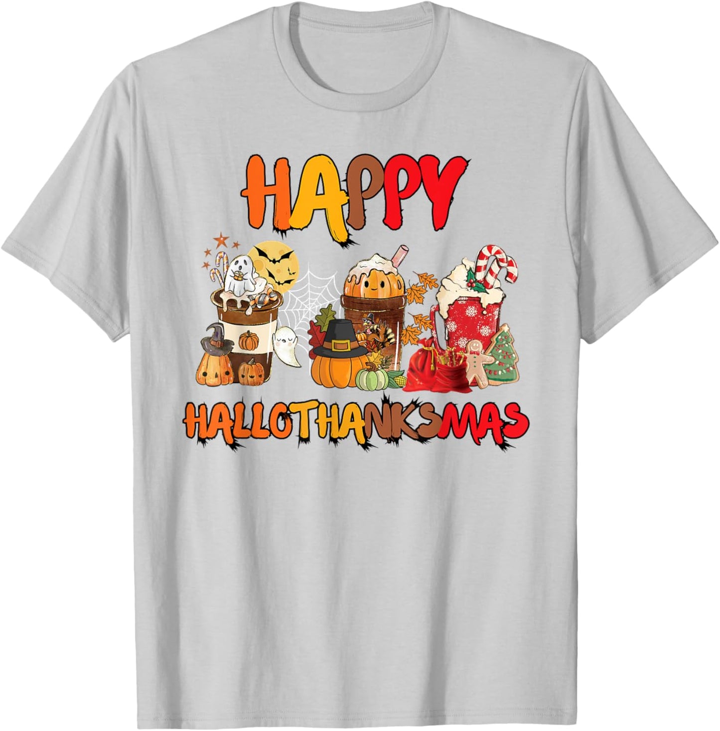 Halloween Thanksgiving Christmas Happy Hallothanksmas Coffee T-Shirt - T-Shirt | Ash