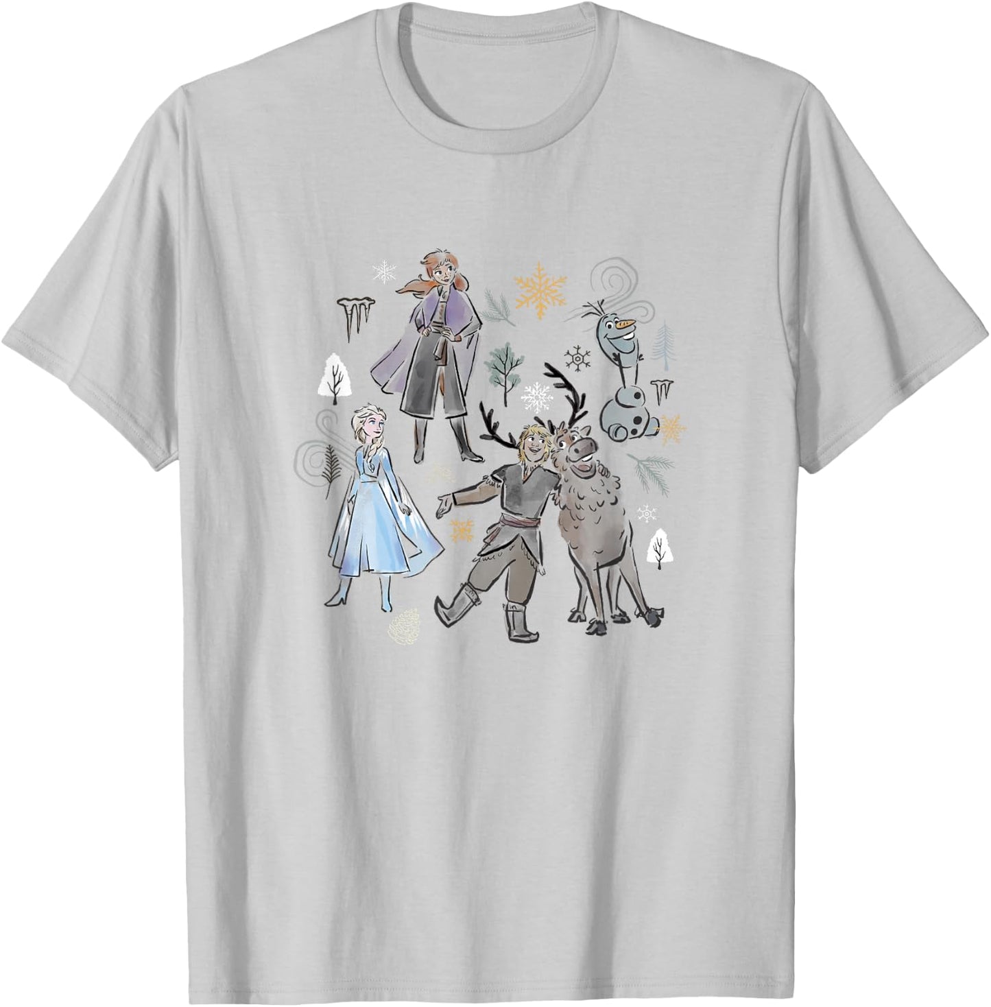 Disney Frozen Elsa Anna Kristoff and Sven Outline Group Shot T-Shirt - T-Shirt | Ash