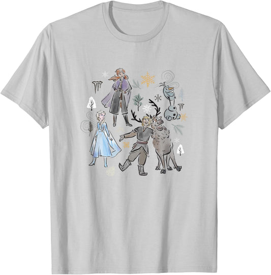Disney Frozen Elsa Anna Kristoff and Sven Outline Group Shot T-Shirt - T-Shirt | Ash
