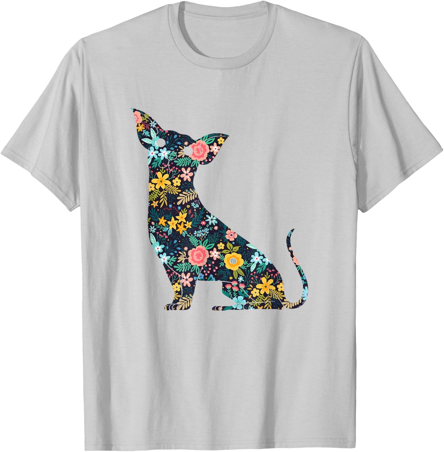 Chihuahua Floral Dog Silhouette Graphic T-Shirt - T-Shirt | Ash