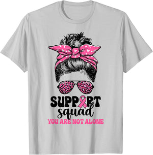 Support Squad Messy Bun Pink Warrior Breast Cancer Awareness T-Shirt - T-Shirt | Ash