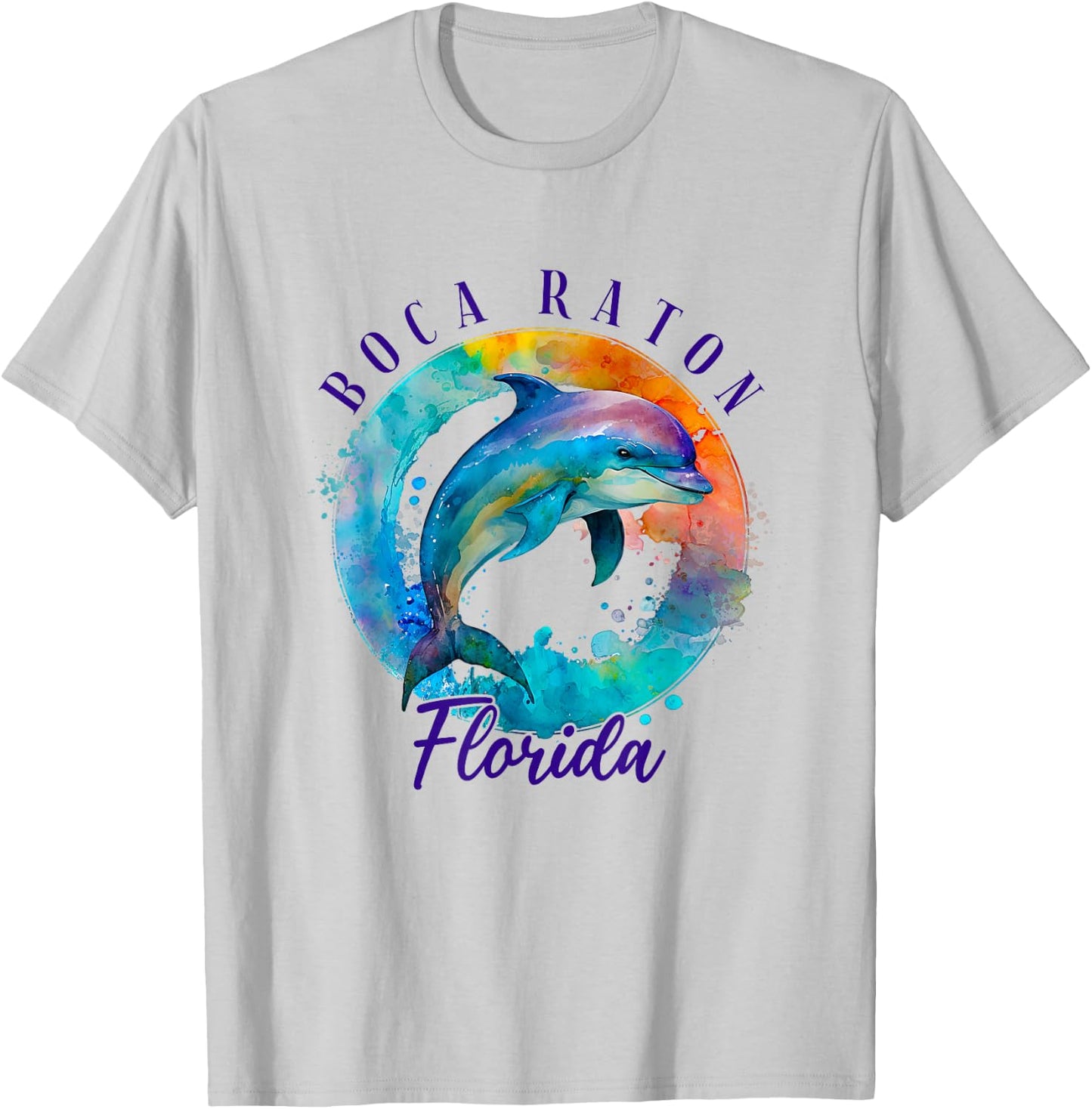 Boca Raton Florida Happy Watercolor Dolphin T-Shirt - T-Shirt | Ash