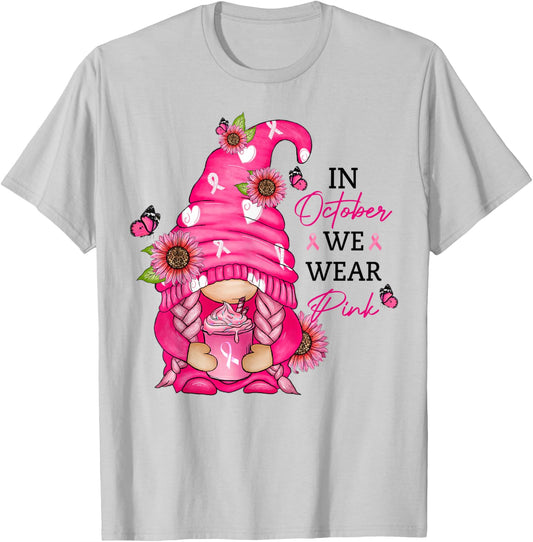 Pink Gnome Breast Cancer Awareness Graphic T-Shirt - T-Shirt | Ash