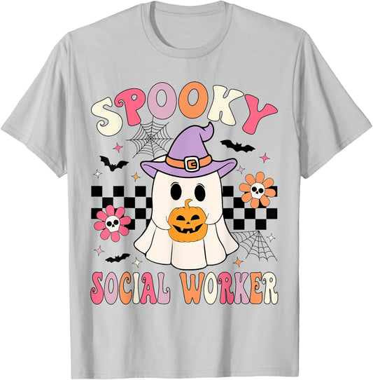 Groovy Spooky Social Worker Halloween Social Worker Ghost T-Shirt - T-Shirt | Ash