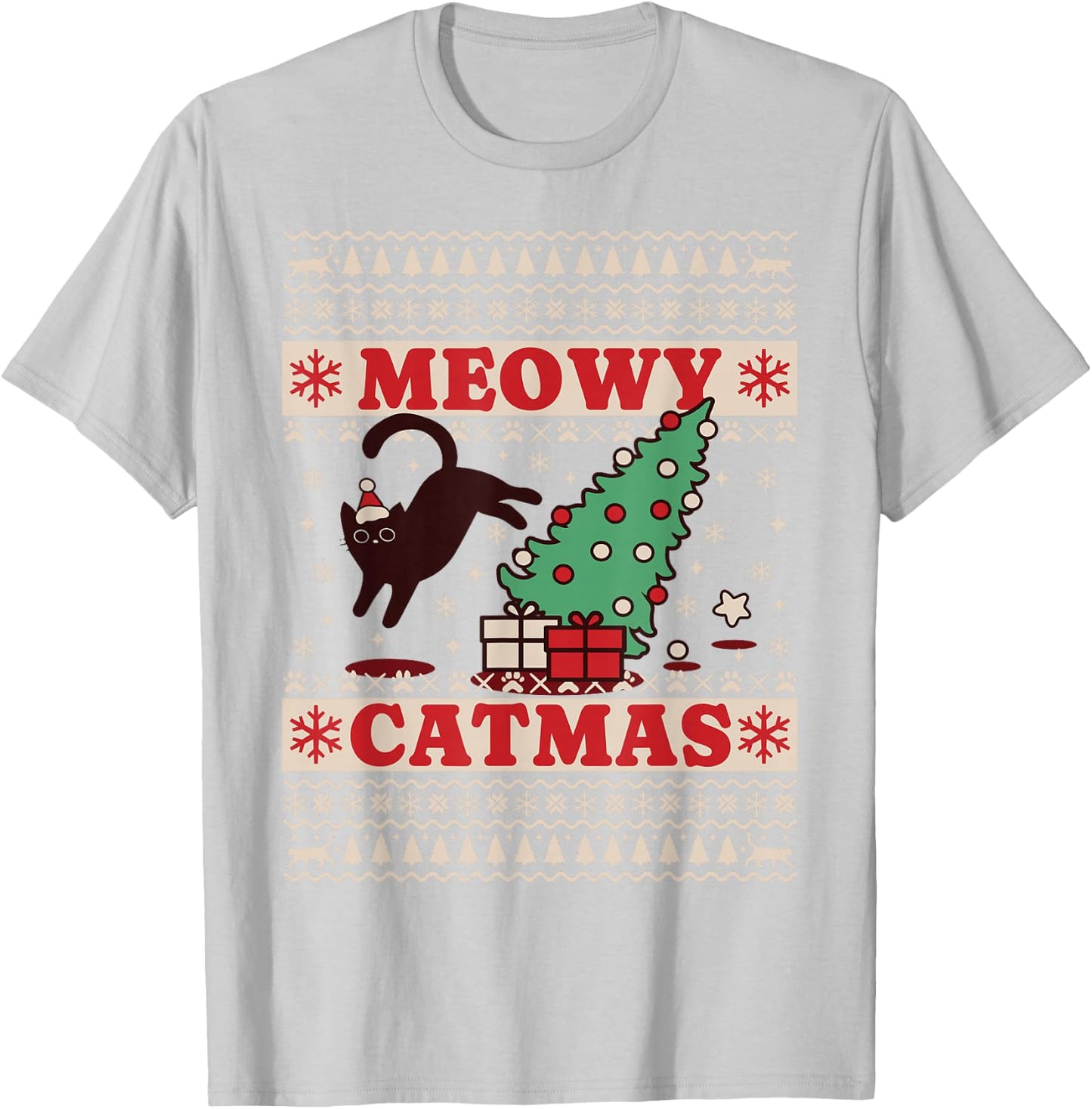 Meowy Catmas, Ugly Christmas Sweater, Cat Christmas T-Shirt - T-Shirt | Ash
