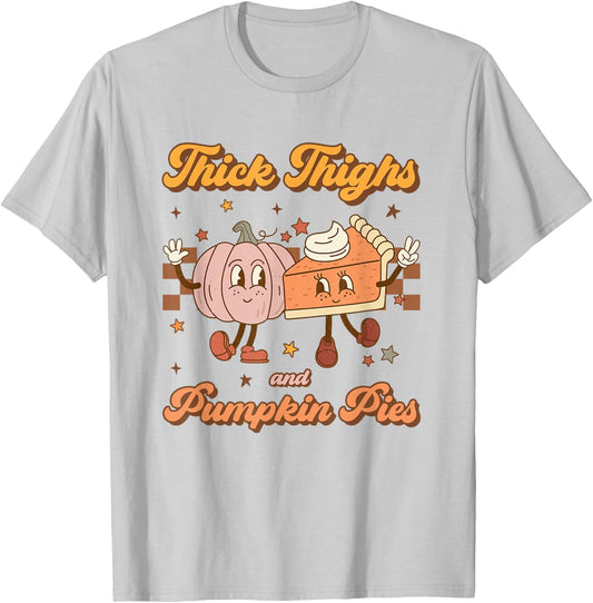 Thick Thighs & Pumpkin Pies Funny Retro Groovy Thanksgiving T-Shirt - T-Shirt | Ash