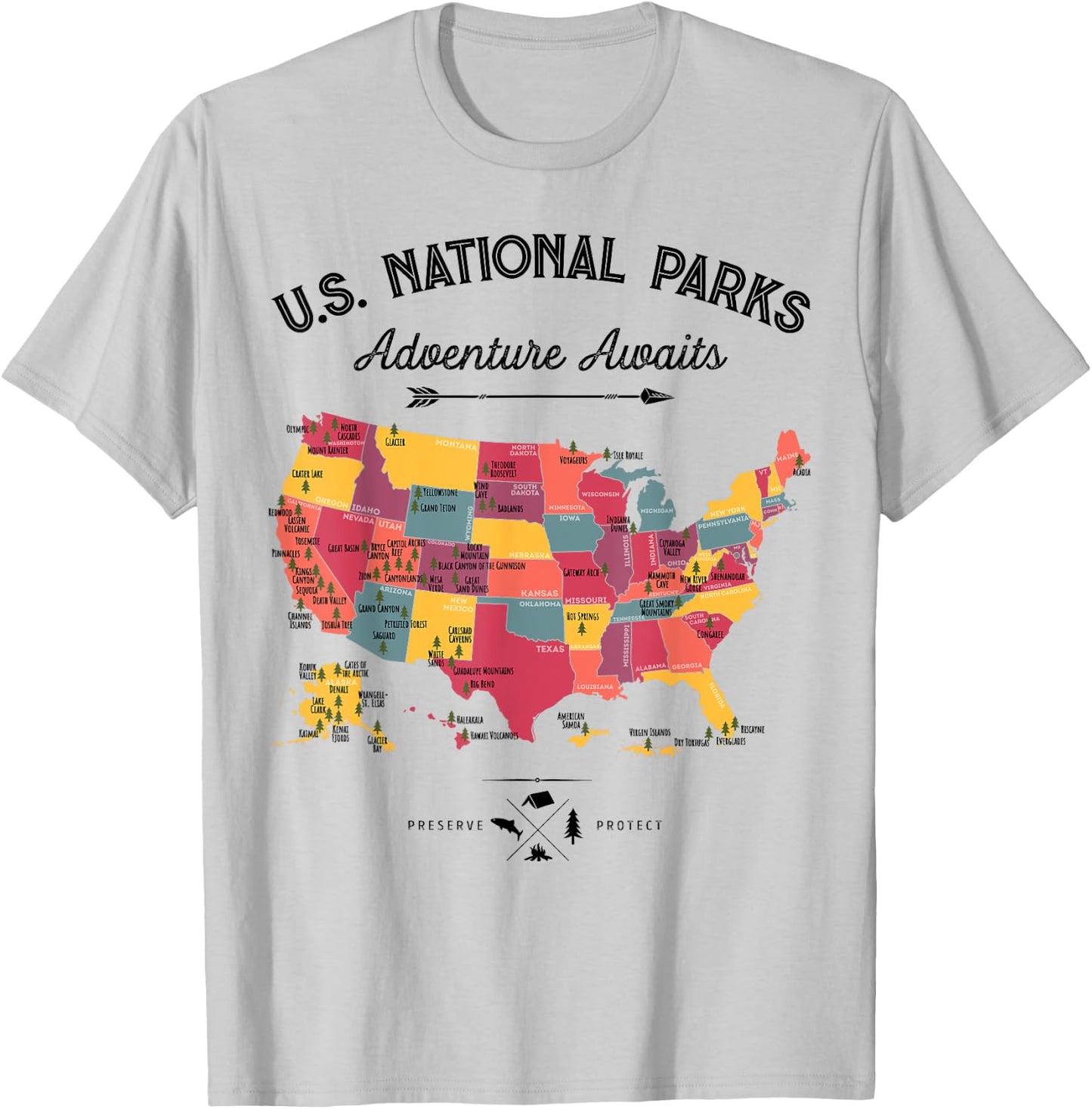 63 National Parks Map US Park Retro Vintage Camping Hiking T-Shirt - T-Shirt | Ash