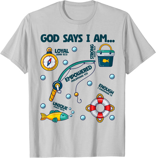 God Says I Am Fishing Lover Boy Girl Christian T-Shirt - T-Shirt | Ash