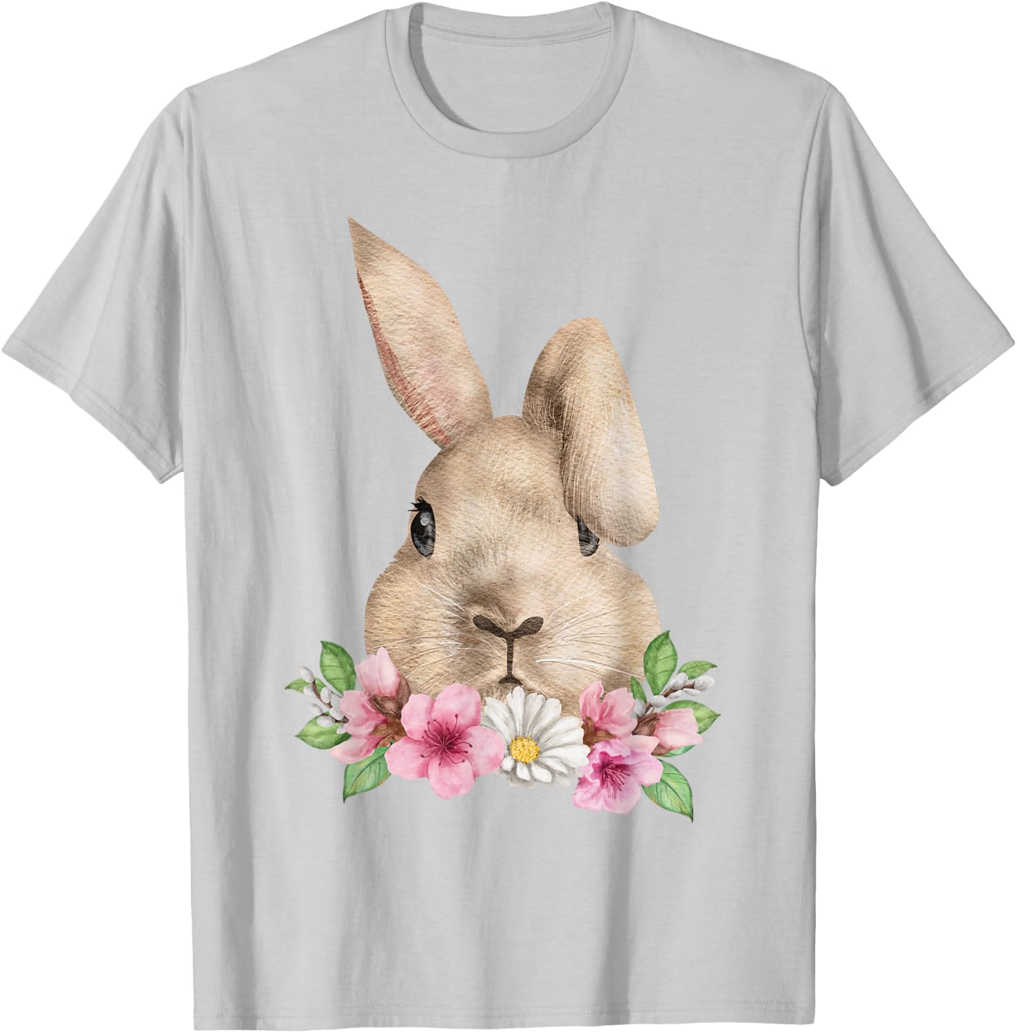 Bunny Head with Flowers Watercolor Easter Rabbit T-Shirt - T-Shirt | Ash