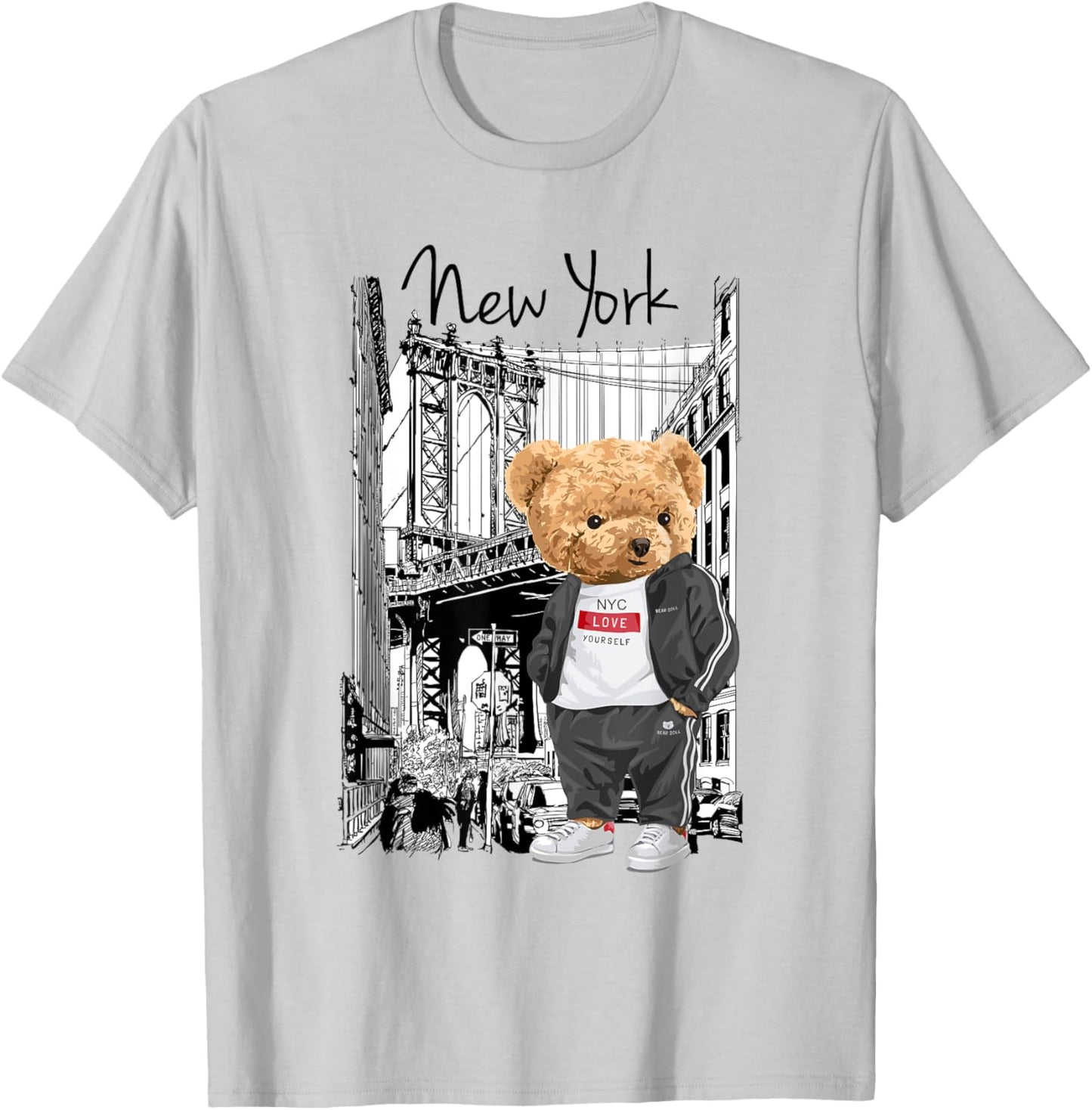 Bahaa's -Kids Grey Cartoon Teddy Bear NYC Graphic T-Shirt - T-Shirt | Ash